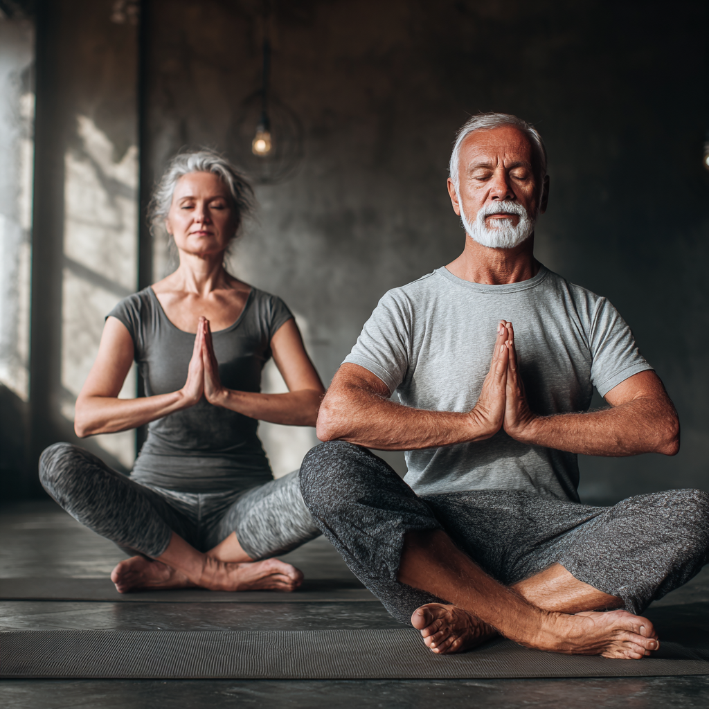 Жінка середнього віку в позі медитації на йога-килимку у світлій студії